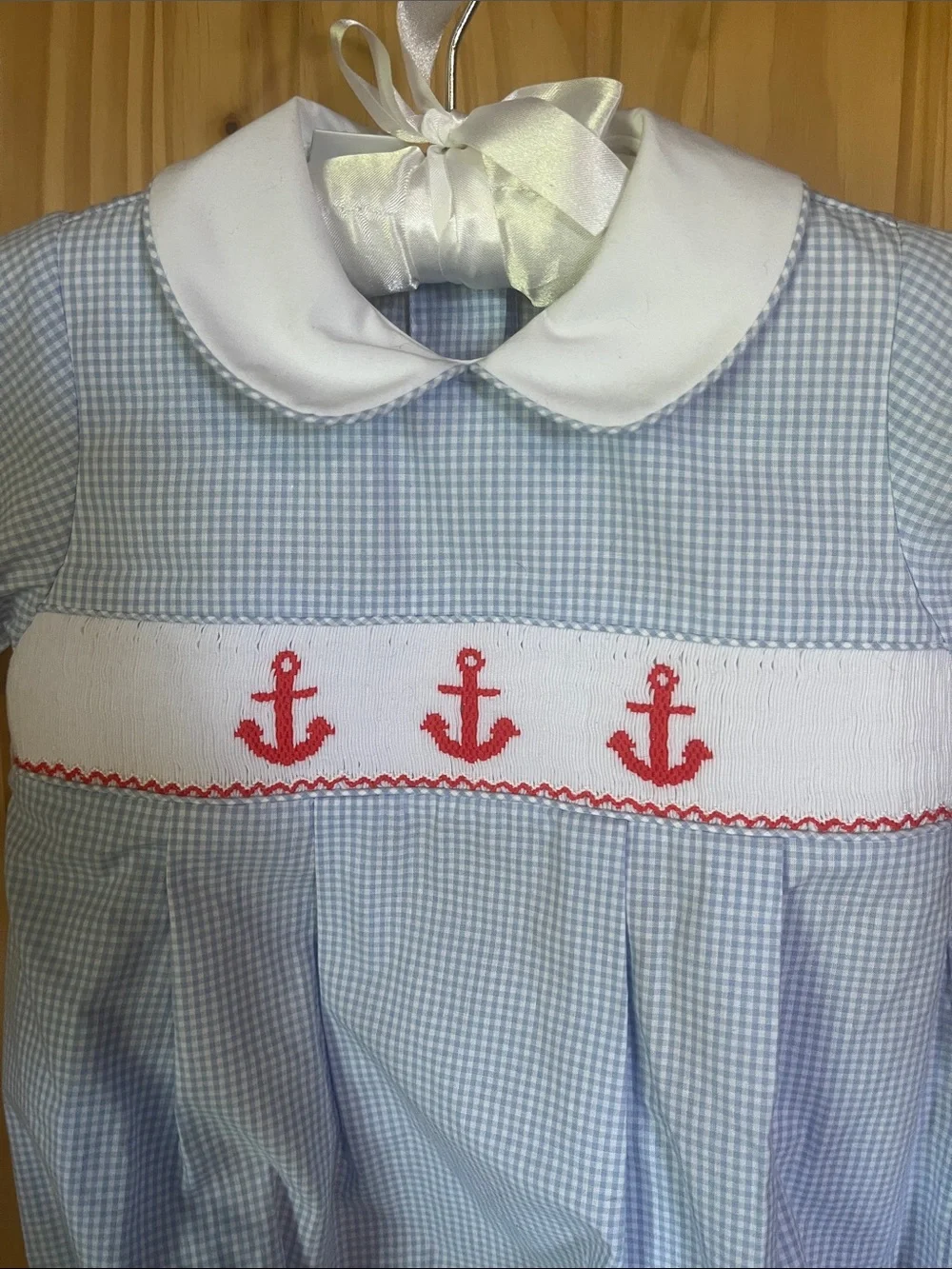 Edgehill Collection White-Collar Blue Gingham Anchor Baby Romper